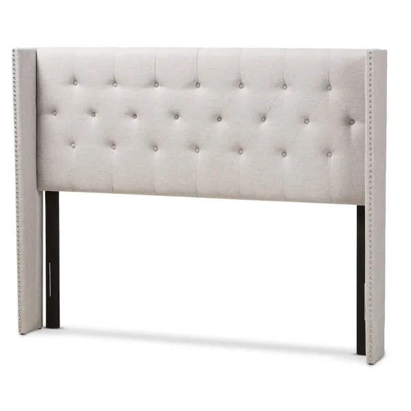 Greyish Beige Fabric Button-Tufted Nail head King Size Winged Headboard